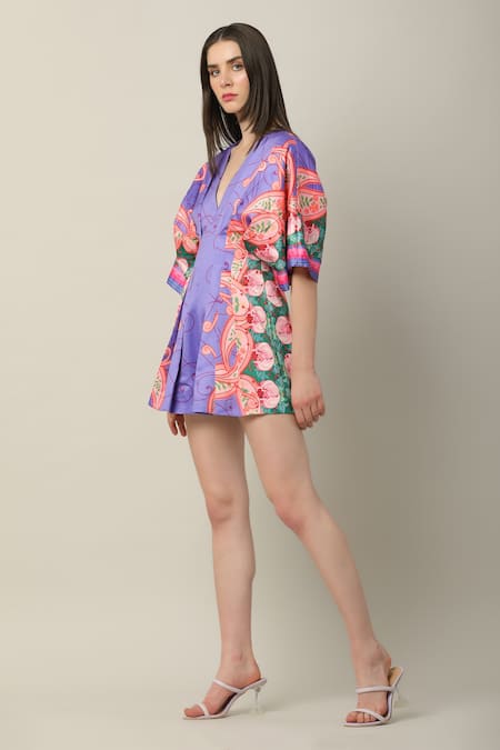 Limerick By Abirr N' Nanki_Multi Color Silk Beads V-neck Arden Draped Printed Playsuit _Online_at_Aza_Fashions