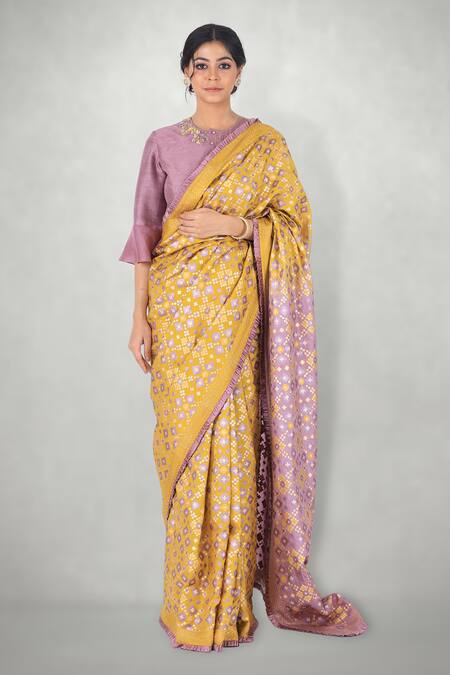 Buy_I Am Design_Yellow Silk Ikat Print Ombre Saree _Online_at_Aza_Fashions