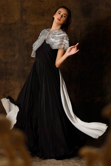 Eclat By Prerika Jalan_Black Organza, Crepe, Muslin Beads V-neck Color Blocked Jumpsuit With Cape _Online_at_Aza_Fashions