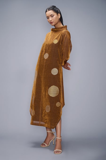 Taika By Poonam Bhagat Brown Chanderi, Tissue Embroidery Collared Polkas Midi Dress Online at Aza Fashions Taika By Poonam Bhagat_Brown Chanderi, Tissue Embroidery Collared Polkas Midi Dress _Online_at_Aza_Fashions