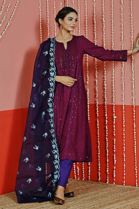 Myaara Purple Cotton, Organza Embroidery, Sequins Collared Kurta Set Online at Aza Fashions Myaara_Purple Cotton, Organza Embroidery, Sequins Collared Kurta Set _Online_at_Aza_Fashions