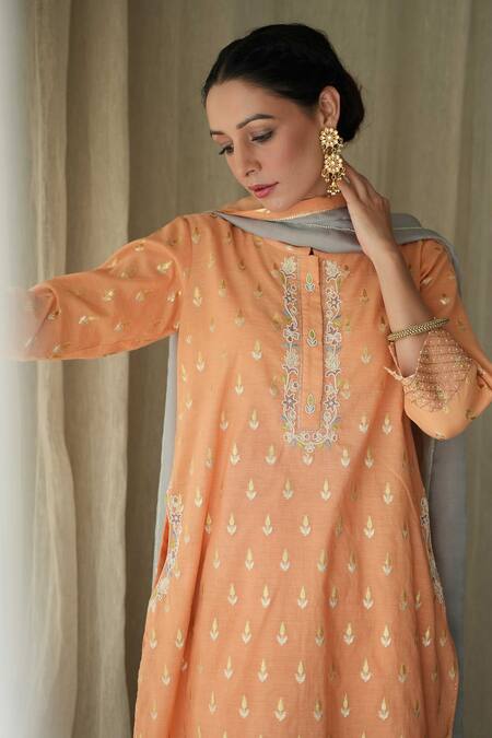 Kanika Sharma Orange Chanderi, Modal, Georgette Pearls, Butti Kurta Peshwa Salwar Set Online at Aza Fashions Kanika Sharma_Orange Chanderi, Modal, Georgette Pearls, Butti Kurta Peshwa Salwar Set _Online_at_Aza_Fashions
