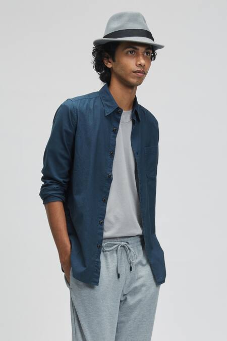 Terra Luna Blue 100% Organic Handloom Cotton Solid Shirt Online at Aza Fashions Terra Luna_Blue 100% Organic Handloom Cotton Solid Shirt_Online_at_Aza_Fashions