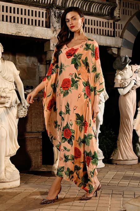 Sanam_Peach Silk Embroidery V-neck Joanna Flared Kaftan Dress _Online_at_Aza_Fashions