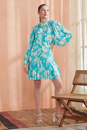 Label Deepika Nagpal_Blue Chiffon, Crepe Ruffles Mandarin Collar Amore Florette Print Dress_Online_at_Aza_Fashions