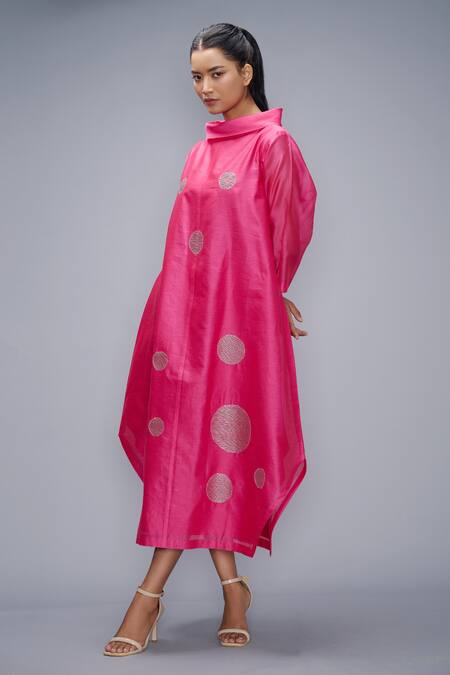 Taika By Poonam Bhagat Pink Chanderi Embroidery Collared Dress Online at Aza Fashions Taika By Poonam Bhagat_Pink Chanderi Embroidery Collared Dress _Online_at_Aza_Fashions