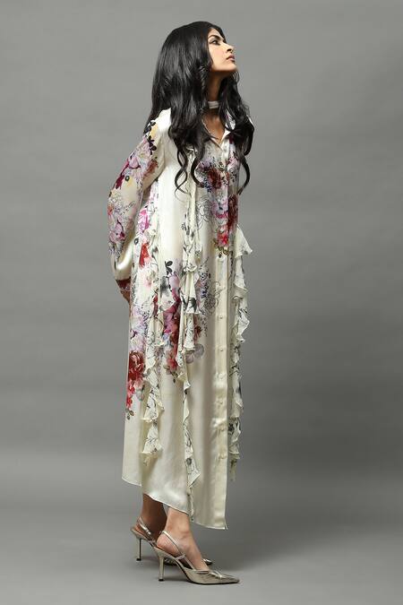 AK-OK Ivory Satin, Silk Tassels, Ruffles Collared Floral Print Shirt Dress Online at Aza Fashions AK-OK_Ivory Satin, Silk Tassels, Ruffles Collared Floral Print Shirt Dress _Online_at_Aza_Fashions