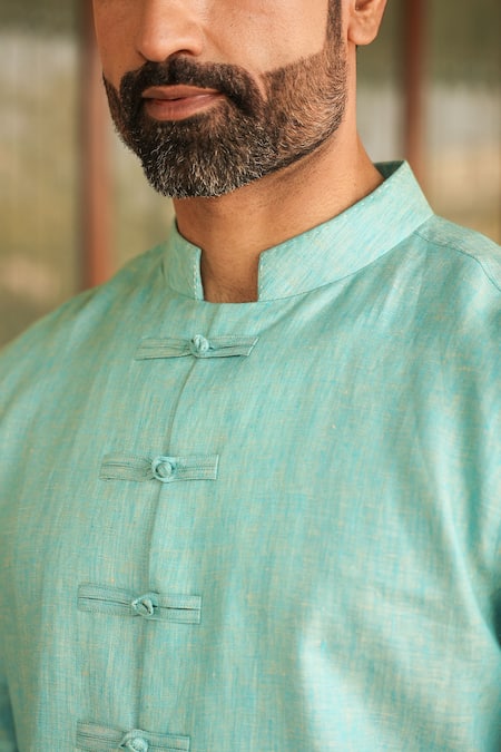 Raw & Rustic By Niti Bothra_Green Linen Embroidery Solid Handcrafted Straight Shirt _Online_at_Aza_Fashions