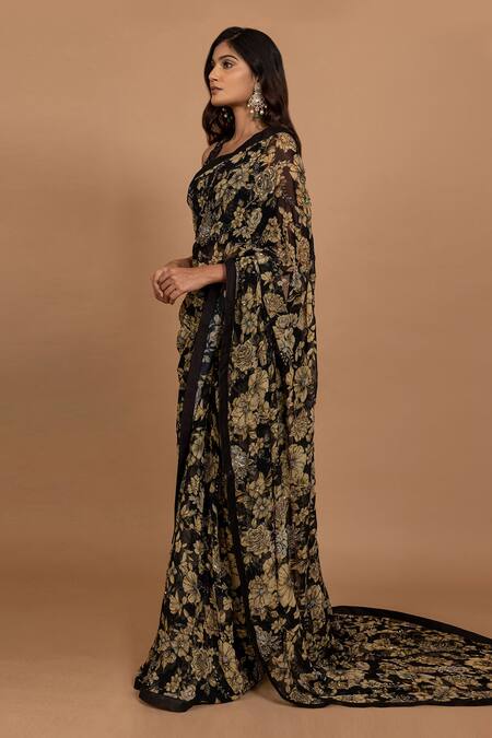 Varun Bahl_Black Organza Beads V-neck Embroidered Saree With Blouse _Online_at_Aza_Fashions