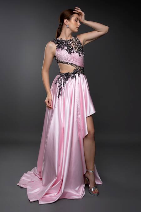 Buy_Anjum Qureshi_Pink Satin Hand Embroidered Sequin Round Asymmetrical Gown _Online_at_Aza_Fashions