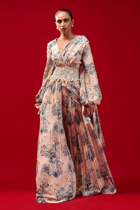 Bhumika Sharma Beige Georgette Pearls, Tassels, Blossom Print Pre-draped Palazzo Saree Set Online at Aza Fashions Bhumika Sharma_Beige Georgette Pearls, Tassels, Blossom Print Pre-draped Palazzo Saree Set _Online_at_Aza_Fashions