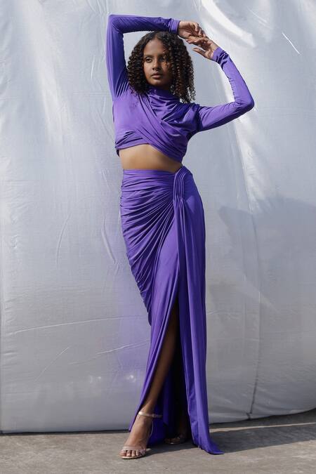 Zwaan_Purple Jersey Front Slit Draped Skirt_Online_at_Aza_Fashions