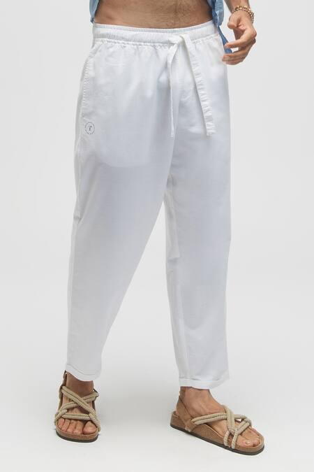 Terra Luna_White 100% Organic Handloom Oxford Cotton Solid Pant _Online_at_Aza_Fashions