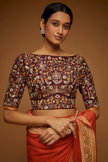 Neeta Lulla Red Chiffon Flower, Mandala Pattern Boat Neck Ida Butti Saree With Blouse Online at Aza Fashions Neeta Lulla_Red Chiffon Flower, Mandala Pattern Boat Neck Ida Butti Saree With Blouse_Online_at_Aza_Fashions