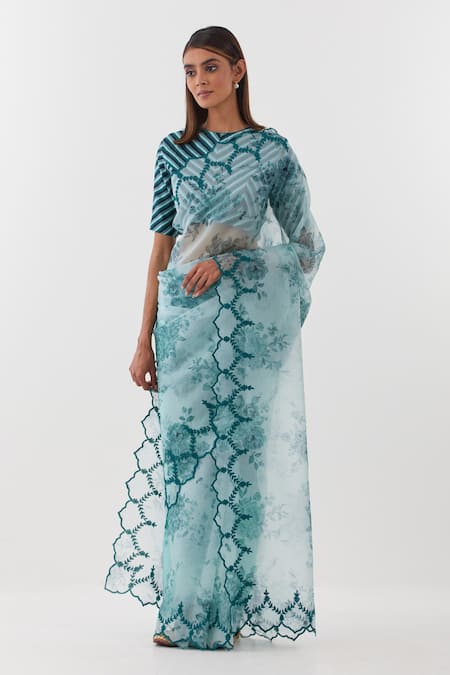 Amisha Kothari_Blue Organza, Embroidery High Neck Dori Border Saree _Online_at_Aza_Fashions