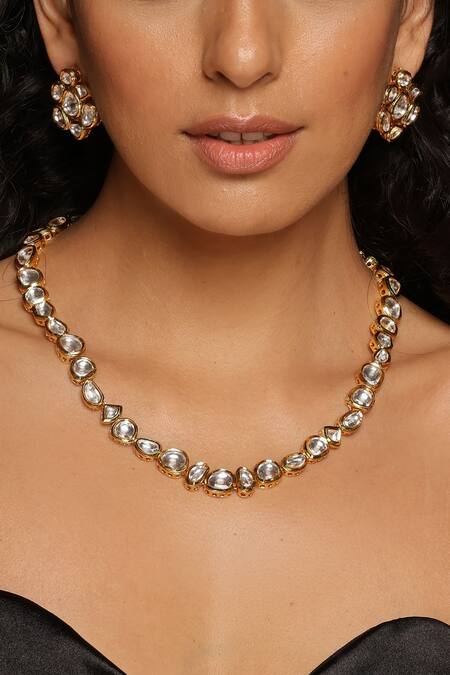 Swabhimann_Gold Plated Diamonds, Stones Geometric Kundan Embellished Necklace Set _Online_at_Aza_Fashions