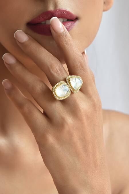 Gwacy_Gold Plated Polki Embellished Ring_Online_at_Aza_Fashions