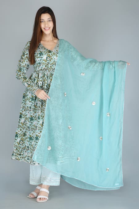 Kalakaari By Sagarika_Blue Cotton, Chiffon Gota Patti, Embroidery Floral Print Angrakha Anarkali Set _Online_at_Aza_Fashions