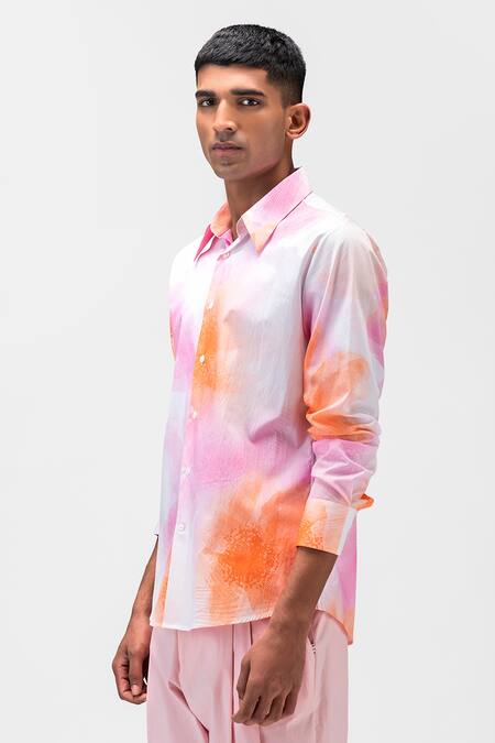Genes Lecoanet Hemant_Orange Cotton, Poplin Embroidery Ombre Shirt_Online_at_Aza_Fashions