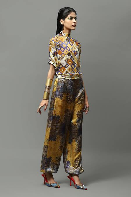 Buy AK-OK Yellow Chiffon High Neck Abstract Print Top And Joggers Set Online at Aza Fashions Buy_AK-OK_Yellow Chiffon High Neck Abstract Print Top And Joggers Set _Online_at_Aza_Fashions