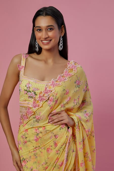 Label Priyanka Kar Yellow Viscose, Georgette Beads, Embroidery Floral Print Saree With Blouse Online at Aza Fashions Label Priyanka Kar_Yellow Viscose, Georgette Beads, Embroidery Floral Print Saree With Blouse _Online_at_Aza_Fashions
