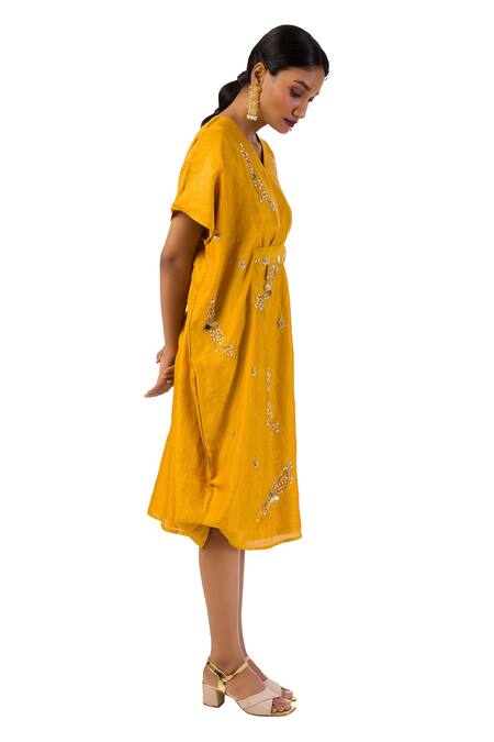 Meghna Shah Yellow Denim Beads, Stones V-neck Hand Embroidered Kaftan Dress With Belt Online at Aza Fashions Meghna Shah_Yellow Denim Beads, Stones V-neck Hand Embroidered Kaftan Dress With Belt _Online_at_Aza_Fashions
