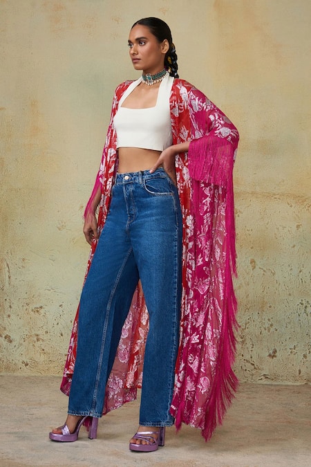 Style Junkiie_Pink Crepe Tassels Flower Vine Pattern Duster Jacket _Online_at_Aza_Fashions