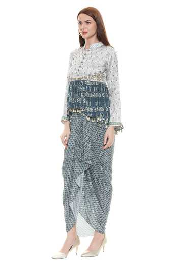 Soup By Sougat Paul Blue Embroidered Top And Draped Skirt Set Online at Aza Fashions Soup By Sougat Paul_Blue Embroidered Top And Draped Skirt Set _Online_at_Aza_Fashions