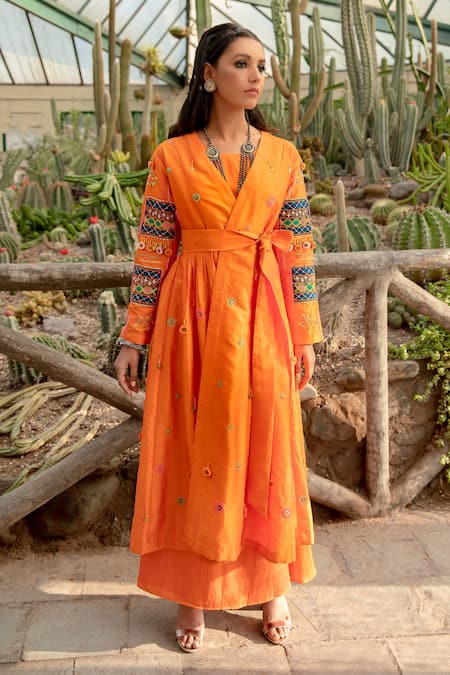 Kacha Tanka Orange Silk, Cotton Embroidery, Mirrors Square Hand Danka Work Jacket Skirt Set Online at Aza Fashions Kacha Tanka_Orange Silk, Cotton Embroidery, Mirrors Square Hand Danka Work Jacket Skirt Set _Online_at_Aza_Fashions