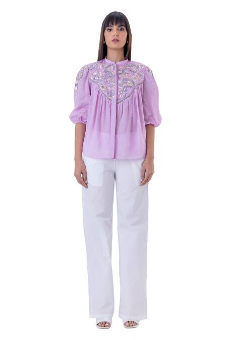 Gaya_Purple Linen Embroidered Floral Mandarin Collar Yoke Shirt _Online_at_Aza_Fashions