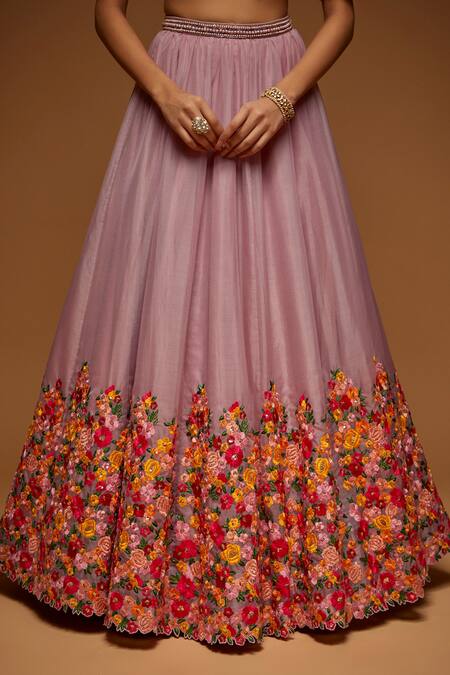 Neeta Lulla_Purple Organza, Tulle Embroidery, Pearls, Placement Floral Bloom Lehenga Set _Online_at_Aza_Fashions