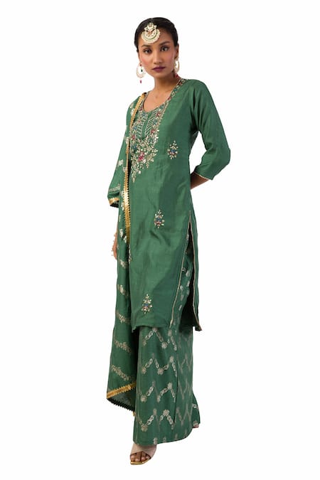 Meghna Shah Green Denim, Silk Beads, Stones Round Printed Palazzo Set With Embroidered Kurta Online at Aza Fashions Meghna Shah_Green Denim, Silk Beads, Stones Round Printed Palazzo Set With Embroidered Kurta _Online_at_Aza_Fashions