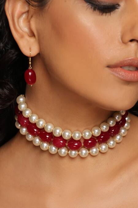 Swabhimann_Red Stones Embellished Choker Necklace Set _Online_at_Aza_Fashions