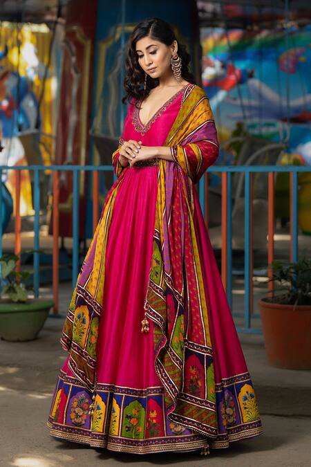 Irrau By Samir Mantri Pink Chanderi, Chiffon Embroidery, Sequins, Cut Anarkali With Printed Dupatta Online at Aza Fashions Irrau By Samir Mantri_Pink Chanderi, Chiffon Embroidery, Sequins, Cut Anarkali With Printed Dupatta _Online_at_Aza_Fashions