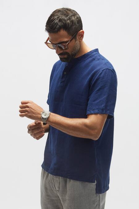 Terra Luna_Blue 100% Organic Handloom Cotton Solid T-shirt _Online_at_Aza_Fashions
