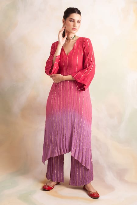 Palak & Mehak Pink Rayon Crepe Striped V Neck Ombre Kurta And Pant Set Online at Aza Fashions Palak & Mehak_Pink Rayon Crepe Striped V Neck Ombre Kurta And Pant Set _Online_at_Aza_Fashions