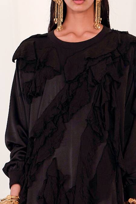 AK-OK_Black Silk Ruffles Round Neck Trim Top _Online_at_Aza_Fashions