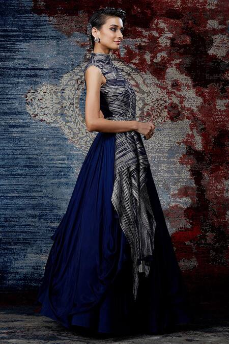 Buy_Shantnu Nikhil_Blue Draped Metallic Gown_Online_at_Aza_Fashions