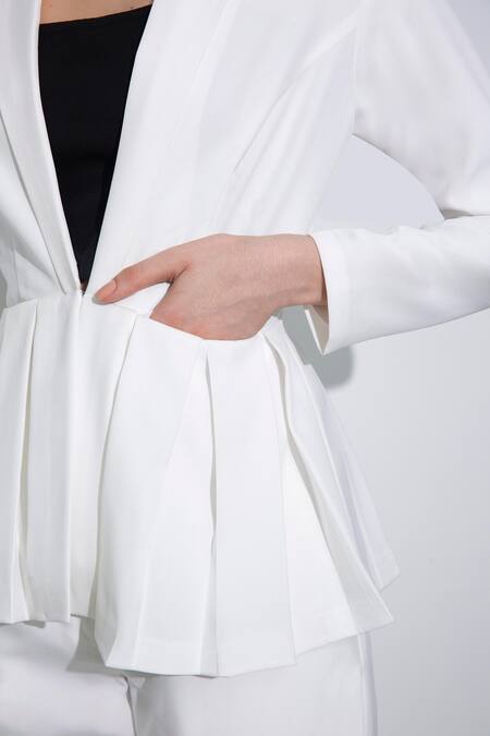 Pocketful Of Cherrie_White Crepe Collared Peplum Pleated Jacket And Trouser Set_Online_at_Aza_Fashions