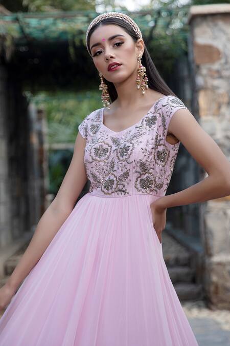 Buy Keerthi Kadire Pink Georgette V Neck Embroidered Gown Online at Aza Fashions Buy_Keerthi Kadire_Pink Georgette V Neck Embroidered Gown _Online_at_Aza_Fashions
