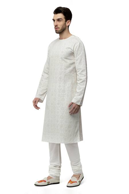 A!A By Abrar Ali_Ivory Handloom Cotton Embroidery Printed Kurta With Churidar_Online_at_Aza_Fashions