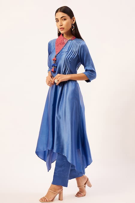 Zariya The Label Blue Modal, Cotton, Satin Tassels Shawl Neck Asymmetric Hem Kurta With Pant Online at Aza Fashions Zariya The Label_Blue Modal, Cotton, Satin Tassels Shawl Neck Asymmetric Hem Kurta With Pant _Online_at_Aza_Fashions