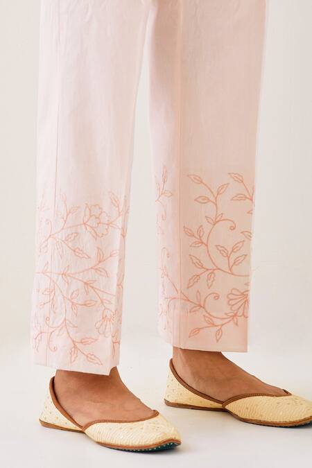 Anantaa By Roohi_Pink Cotton Embroidery Flower Vine Hem Palazzo _Online_at_Aza_Fashions