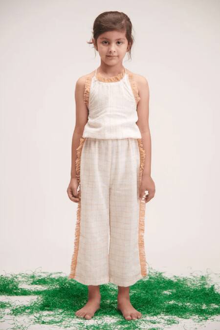 Littlecheer Cream , Satin Fringe Sunshine Geometric Pattern Jumpsuit Online at Aza Fashions Littlecheer_Cream , Satin Fringe Sunshine Geometric Pattern Jumpsuit _Online_at_Aza_Fashions