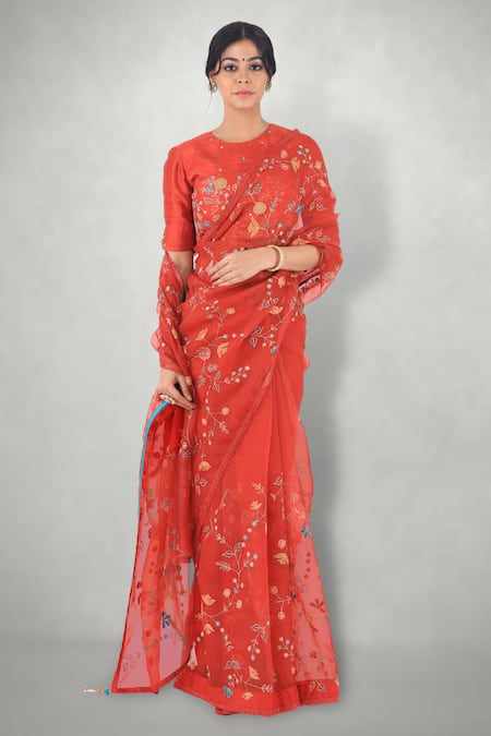 I Am Design_Red Raw Silk Aari Crew Neck Embroidered Blouse _Online_at_Aza_Fashions