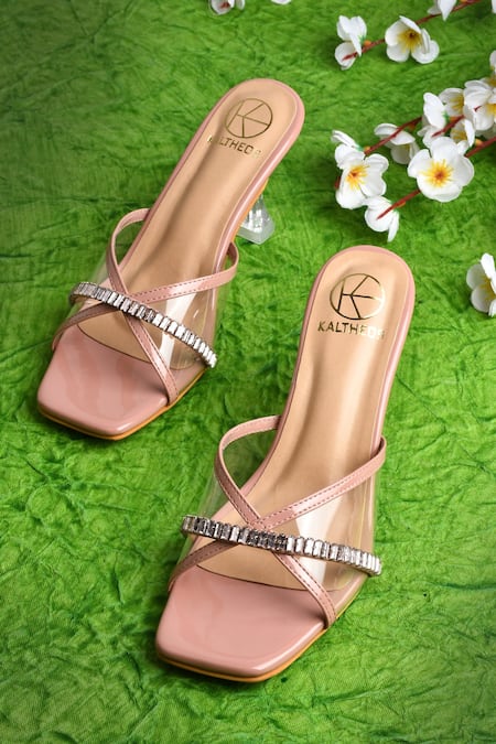 Kaltheos Peach Embellished Helen Square Toe Transparent Heels
