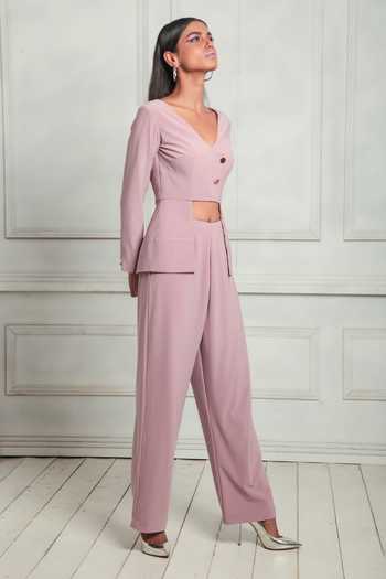 Couché By Anandini_Pink Pashmina V-neck Punto Plain Crop Top And Pant Set _Online_at_Aza_Fashions