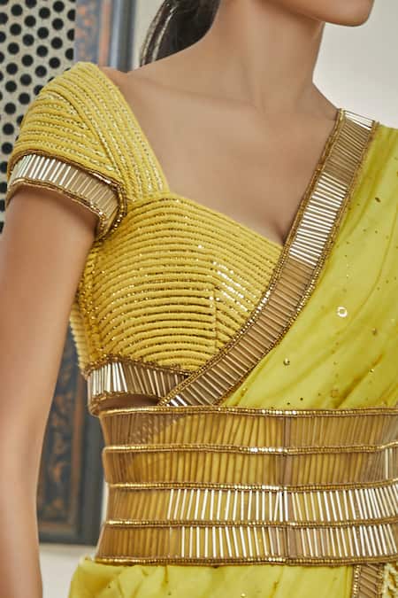 Surily G_Yellow Chanderi Hand Embroidery Rope Sweetheart Neck Twisted Blouse _Online_at_Aza_Fashions