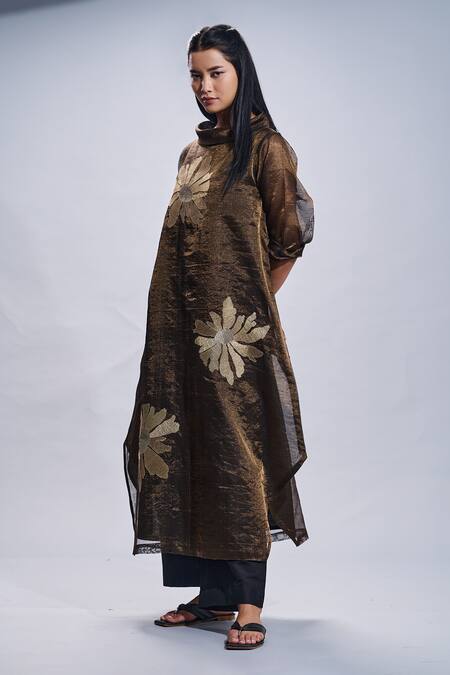 Taika By Poonam Bhagat Brown Tunic Chanderi Embroidered Gold Petals Collared Neck And Pant Set Online at Aza Fashions Taika By Poonam Bhagat_Brown Tunic Chanderi Embroidered Gold Petals Collared Neck And Pant Set _Online_at_Aza_Fashions