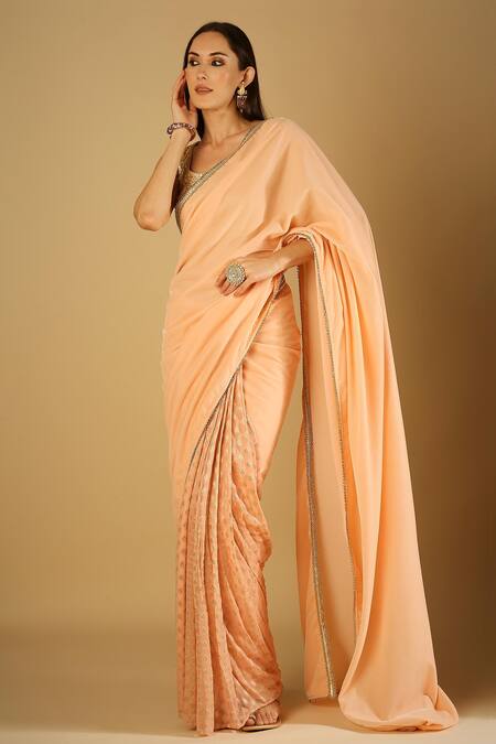 Monk & Mei By Sonia Anand_Peach Velvet, Georgette, Brocade Embroidery, Sultana Saree And Blouse Set _Online_at_Aza_Fashions